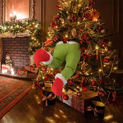 Grinch Deko, Weihnachten Elf Körper Beine für Weihnachtsbaum, Grinch Weihnachtsbaum Topper, Stola Weihnachtselfe Gefüllt Stuck Baum Topper Weihnachtskranz Weihnachtsdeko Christbaumschmuck(B)