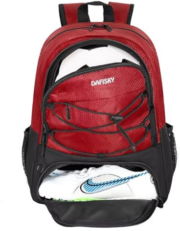 DAFISKY Jugend-Fußball-Rucksack – Fußballtasche mit Schuhen und Ballfach, Sporttasche für Basketball, Volleyball, Fußball, Rot