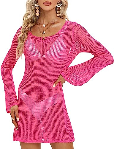 Copricostume Donna Mare Lungo Manica Abito Mini Crochet Vestito Estivo Hollow out Sexy Senza Schienale Copri Costume da Spiaggia Donna Costumi da Bagno Bikini Cover Up (Rosa, XL)