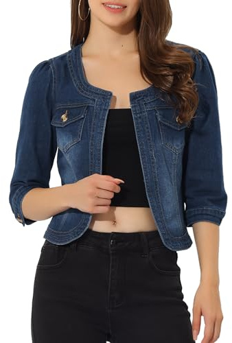 Allegra K Damen Jeansjacke Kurz 3/4 Ärmel Open Front Kragenlos Jacke mit Taschen