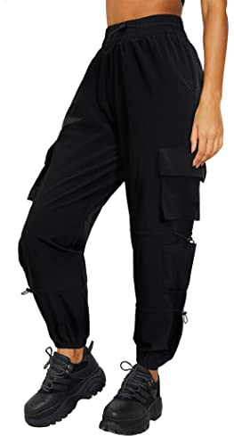 DLOODA Quick Dry Cargo Pants Lightweight Tactical Hiking Pants with 6 Pockets for Women, Elastic Waist and Water Resistant Black