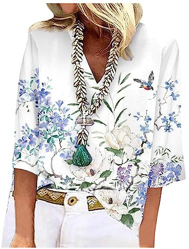 TIMEMEAN Robe à Manches 3/4 pour Invitée De Mariage Chemisier avec Noeud Femme Top Coat Cadeau Femme Enceinte Blouse Blanche Infirmière Femme Chemisiers à Manches 3/4 Fau Col Chemise Femme Top pour