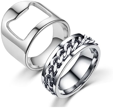 Fuqimanman2020 2-teiliges Edelstahl-Flaschenöffner-Ring-Set, Spinnerkette, Daumen, kreatives Bierbar-Öffnungswerkzeug für Männer und Frauen, Party-Schmuck, Edelstahl, Edelstahl