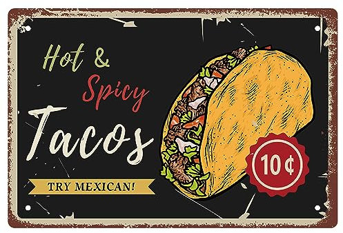 CREATCABIN Tacos Blechschilder Heiße Würzige Mexikanische Küche Leckerem Taco Schild Metall Vintage Plaketten Poster Galerie Wandkunst Druck Dekor Hängendes Gemälde Für Zuhause Restaurant 8x12Zoll