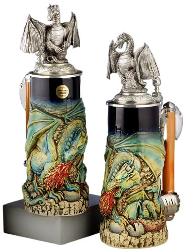 KING Werk - Dragon Beer Stein, Cobalt, Dragon Lid, Pewter Dragon Figurine, Medieval Ax Handle with Silver Painting - Beer Stein