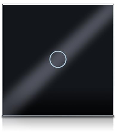 PANGTZEEN Interruttore della luce touch 1 scomparto 1 via, in vetro temperato, non WiFi, interruttore da parete 10 A, da incasso, colore nero, senza conduttore neutro per soggiorno, camera da letto,
