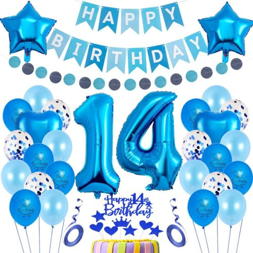 14. Geburtstag Dekoration Blau, Party Deko 14. Blau, Geburtstagsdeko 14 Jahre Jungen, Luftballon 14. Geburtstag, Tortendeko 14. Junge Mädchen, Luftballon 14. Junge