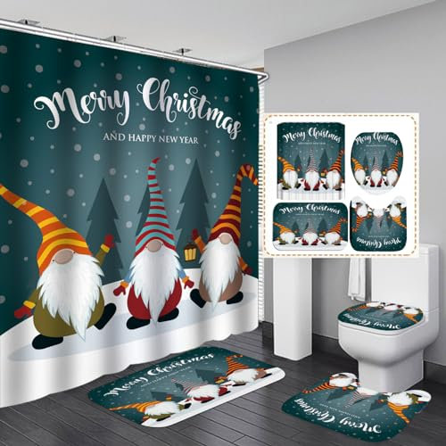 Badezimmerteppich Grüne Weihnachten Badematte Set 3 Teilig,Teppich Badvorleger rutschfeste (50x80)+U-Typ Wasseraufnahme Schmutzfangmatte +Schnelltrocknend Toilet Fußmatte