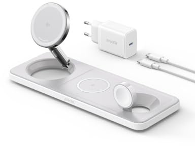 Anker Estación de Cargador Inalambrico iPhone 3 en 1 Plegable, Soporte de Carga Ultrarápida 15W Certificado Qi2 para iPhone 16/15/14 Series, AirPods, Apple Watch Ultra (con Cable y Cargador USB C)