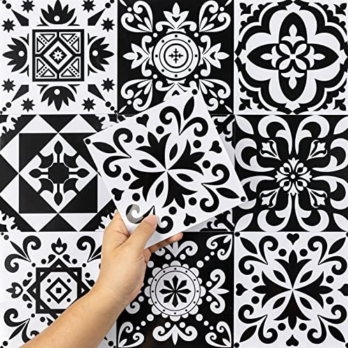 Hode Kitchen Bathroom Tile Stickers Stick on Tiles, Sticky Back Peel and Stick Self Adhesive Wall, Vinyl Waterproof Black and White Moroccan, 50pcs 15x15cm