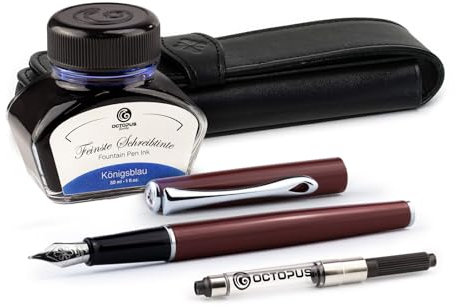 Diplomat Traveller Dark Red Füllhalter-Set, Füllhalter aus Metall im Set mit Stiftetui aus Leder, Schreibtinte in Königsblau und Tintenkonverter, Füller mit Edelstahlfeder Stärke M