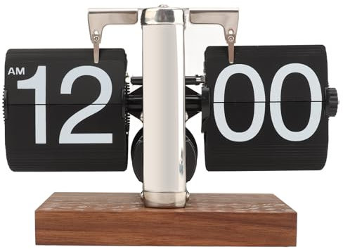 Flip Clock, 12 Stunden Vintage Flip Down Clock Batteriebetriebene Mechanische Uhr, Retro Große Zahlen Single Foot Digital Flip Down Clock Auto für Wohnzimmer (Edelstahl schwarz)