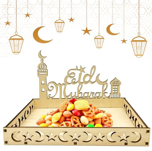 Eid Mubarak Tablett, Ramadan Teller Ramadan Holz Tablett,Eid Mubarak Tischdeko Teller Holz,Ramadan Tablett, für Dessertsnacks Serviertablett mit Mond und Stern Muster Ramazan Deko