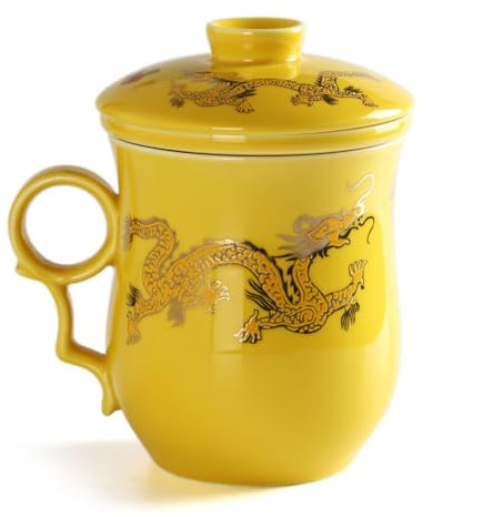 GOARTEA Porcelain Tea Infuser Mug with Lid - 300ml /0.08gal Ceramic Tea Cup Hand Made on Loose Leaf Tea Mug - Golden Chinese Dragon Pattern (Yellow Golden Dragon Patten)