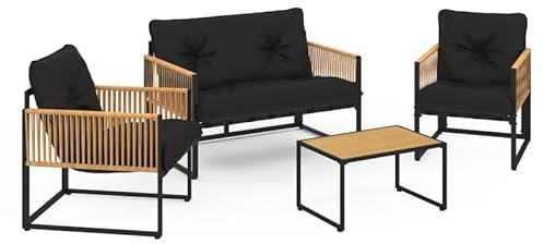 IDMarket - Salon de Jardin Bas Rio 4 Places Structure métal Noir, Cordage Effet rotin Clair et Coussins Noir