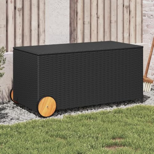JUDYY Gartentruhe mit Rollen Schwarz 190L Poly Rattan, Gartenschrank, Gartenbox, Paketbox, Auflagenbox, Balkonschrank, Gartenkiste, Aufbewahrungsbox Outdoor, Kissenbox - 365324