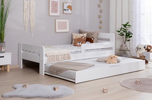 TiCAA Einzelbett Kinderbett Jugendbett, Bennet mit Zusatzbett Rausfallschutz & Lattenrost für Schlafzimmer, Kinderzimmer Kiefer Massivholz Bettgestell 120 x 200 cm