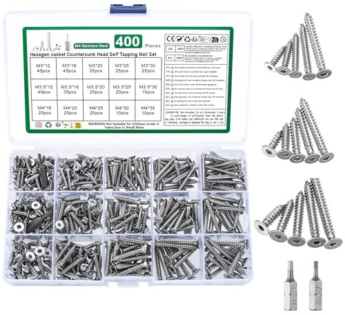400 Pz Kit Assortimento Viti Autofilettanti, M3 M3,5 M4 Viti per Legno, Viti a Testa Piatta, Viti a Testa Svasata a Esagono Incassato, Viti a Testa Esagonale in Acciaio Inox, con 2 Punte