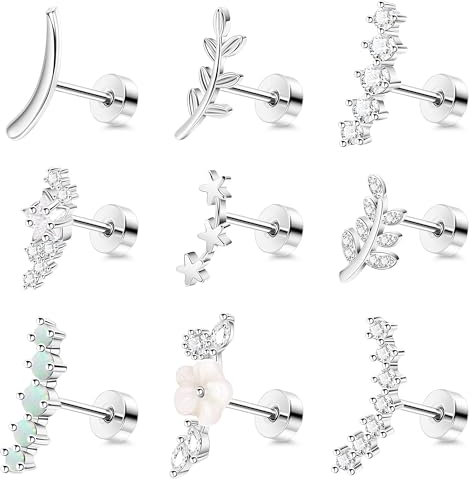 Adramata 9 Stück Piercing Helix 16G Chirurgenstahl Knorpel Ohrpiercing Stern Blatt Opal CZ Tragus Ohrringe 6mm/8mm Conch Knorpel Ohrring Gold Silber Piercing Ohr Schmuck,S1-6