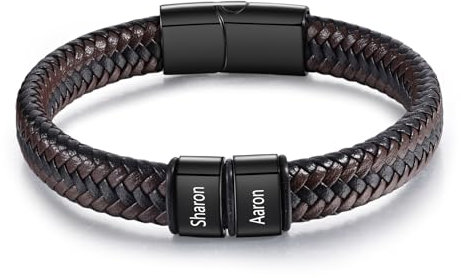 Bracelets pour Homme avec Gravure Cadeau Personnalisés pour Hommes Noir Bracelet en Cuir Acier Inoxydable pour Hommes avec Nom (2 Nom)