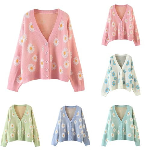 Cardigan da donna Kawaii, a maniche lunghe, oversize, con stampa floreale, per il tempo libero, per le mezze stagioni, 001-rosa, Taglia unica