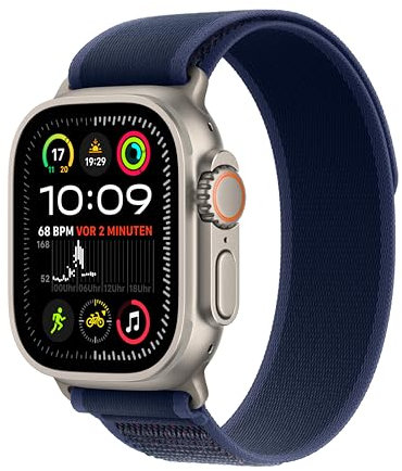 Apple Watch Ultra 2 (GPS + Cellular 49 mm) Smartwatch, Sportuhr mit Titangehäuse in Natur und Trail Loop in Blau (M/L). Fitnesstracker, präzises GPS, extra Lange Batterielaufzeit