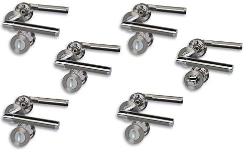 Rosettengarnitur Türbeschlag im 6er Set, Chrom/Edelstahlfärbig satiniert für 5 Zimmertüren mit Buntbartlochung und 1 Bad-WC-Tür, Schraubrosette Ø52mm, Türklinke, Türgriff