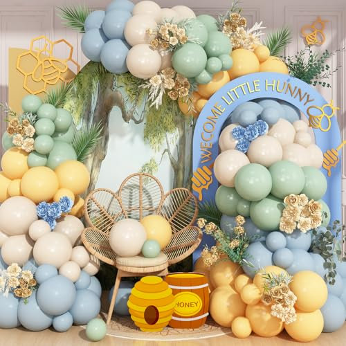 HILAVO Sage Green Dusty Blue Yellow Balloon Garland 126 Pcs Slate Blue Olive Green Yellow Sand White Cream Party Latex Balloons Arch Kit for Oh Baby Shower Bridal Birthday Wild Party Deocration