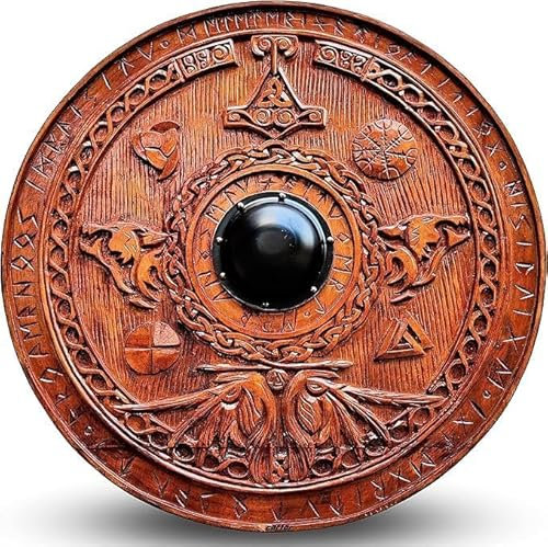 Bouclier de guerrier médiéval Vikings Era - Taille adulte - 76,2 cm - Fait à la main - Bois naturel sculpté - Jeu de bataille - Halloween - Cosplay
