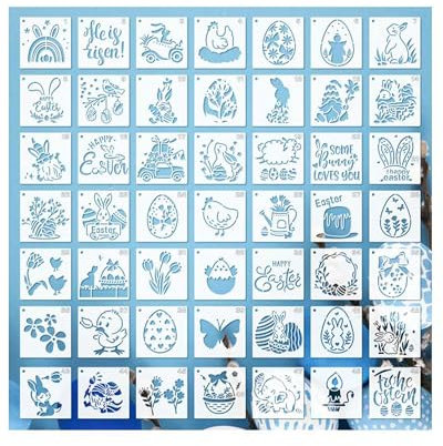 49 Stück Ostern Schablonen Set 7.6x7.6cm – Wiederverwendbare Malschablonen mit Hasen, Eiern & Blumen für DIY, Möbel, Holz, Boden, Küche, Scrapbooking, Textilgestaltung & Handwerk