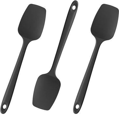Doosu Silicone Spoon Spatulas, 315℃ Heat Resistant Flexible Cooking Spoons Kitchen Rubber Spoonula Scraper for Mixing Stirring Scraping Serving Non-Stick Cookware (3 Pieces, Black)