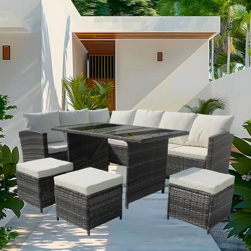 wowsubli 10-Seater Waterproof L-Shaped Rattan Corner Sofa Set with Cushions, Table & Stool - Outdoor Garden Furniture Sets for Patio, Balcony, Conservatory (Mixed Grey with Light Cushions)