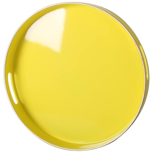 Simmer StRound Plastic Tray one Decorative, Round Plastic with Handles, Modern Vanity and Serving for Ottoman, Coffee table, Kitchen and Bathroom, Size 13 (Lemon Yellow)