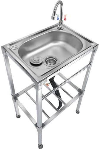 Lavello in Cucina Acciaio Inox Autoportante 1 Vasca Interno e Esterno Lavandino Commerciale con Supporto e Rubinetto,per Lavanderia/Ristorante/Campeggio/Giardino/Garage,Facile Da Pulire