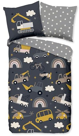 Good Morning Kinder Bettwäsche 135x200 Rush Baustelle Fahrzeuge grau 32086