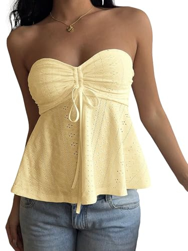 AKLOPVII Women Y2k Vintage Yellow Eyelet Ruched Crop Tube Tops Cute Strapless Drawstring Tie Flared Bandeau Going Out, Yellow, S
