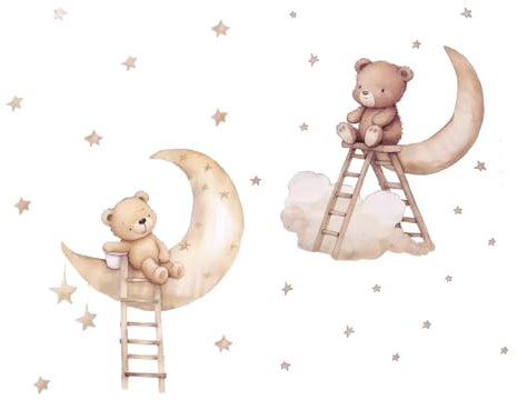 Kibi Wandaufkleber für Kinderzimmer, Bär auf dem Mond und Sterne, Aquarell Beige, Wandsticker Kinder Wandaufkleber Kinder Schlafzimmer