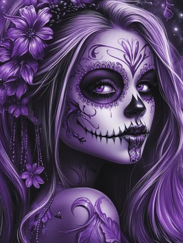 Kit de peinture diamant 5D à motif tête de mort en sucre pour adultes et débutants – Loisirs créatifs pour relaxation et décoration murale d'intérieur – Noir et violet – 30,5 x 40,6 cm