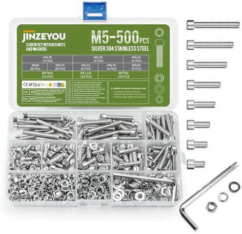 500 Stk M5 Schrauben Set, Sechskantschrauben Muttern Set, Edelstahl Zylinderschrauben Innensechskant Schrauben mit Muttern und Unterlegscheiben Set, Maschinenschrauben Gewindeschrauben Sortiment