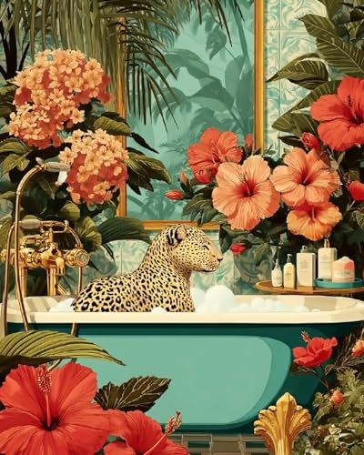 Paint by Numbers Kits for Adults and Kids Leopard Shadow Floral Bath Oil Paint Digital Drawing Canvas with Brushes Christmas Decorations Gifts -16 * 20 Inch Frameless