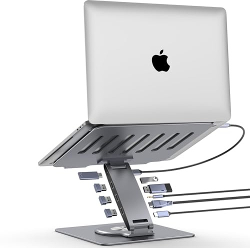 Verstellbarer Laptop-Ständer für Schreibtisch mit Dockingstation, 9-in-1, Aluminium-Laptop-Riser mit USB-Hub, 360° drehbar, Dual-Display 4K60Hz HDMI, 3 USB 3.0, 100W PD Laden, für MacBook Pro Air/Dell