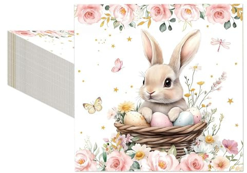 40 Stück Set Servietten Ostern Hase & Blumen Motiv - 33x33cm Osterservietten Zweilagig für Tischdeko Ostern - Osterdeko Papierservietten & Oster Servietten für Frühling Party Feier