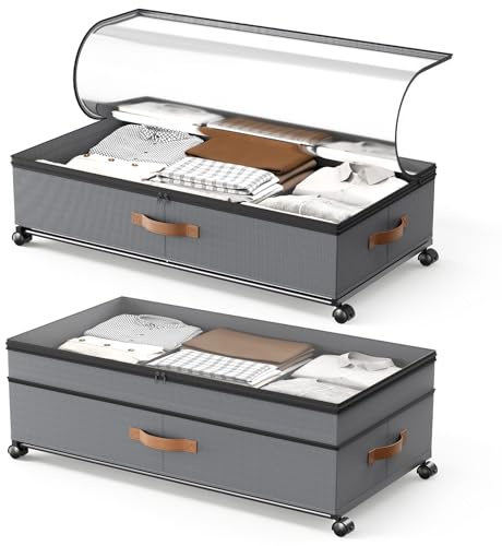BugyKido 2 Stück Unterbett Aufbewahrungsbox 72L, Unterbettkommode Bettkasten mit Rollen 360°Drehung, Unterbettkommode mit PVC Deckel, Metallrahmen,für Kleidung, Schuhe und Decken
