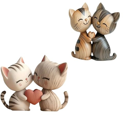 CZXCV 2er-Pack 2D Katzenpaar aus Holz Dekofiguren für Zuhause und Büro, Katzenskulptur Bücherregal Deko, Geschenk für Katzenliebhaber und Paare zu Weihnachten Geburtstag