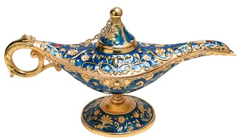 Qaixwuyi 22cm Aladdin Magic Lampe Vintage Tischdekoration Aladdin Wunderlampe Zinklegierung Blau Gold Luxusausführung mit Sicherheitskette für Zuhause Hochzeit Party Geschenk Heimdekoration
