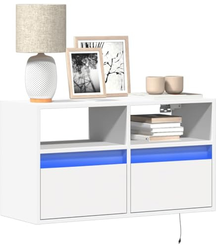 Holamys Meuble TV Mural Blanc en Bois d'ingénierie 80x31x45 cm avec lumières LED RVB, 2 tiroirs, 2 Compartiments, Meuble TV Flottant pour Salon Chambre, Centre de Divertissement, Rangement optimisé