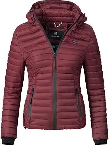 MARIKOO leichte Damen Übergangsjacke kurz mitteldick gefütterte Steppjacke mit Kapuze Samtpfote Bordeaux Gr. M