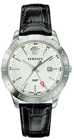Versace Univers Herrenuhr Braun Leder Silber Stahl GMT 43mm VEBK00118