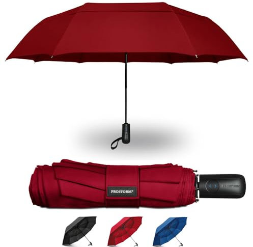 Prostorm Winddichter Reise-Regenschirm mit doppelter Belüftung, mit automatischem Öffnen und Schließen, kompakter Pro Storm - Rot - 117 cm