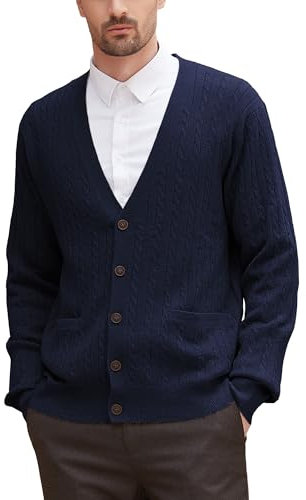 Kallspin Men’s Wool Blend Cardigan Sweater Cable Knit V Neck Button Front Casual Knitwear Jumper(Navy Blue, Large)